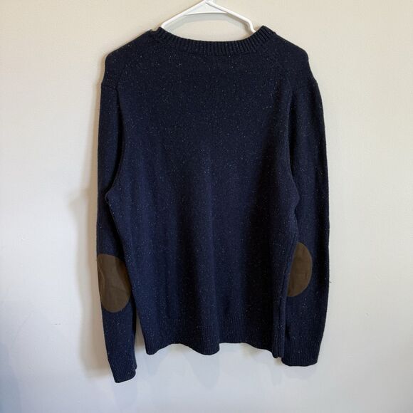 J Crew Navy Flecked Sweater LT Large Tall 80% Lambswool 20% Nylon Elbow Patches - Picture 7 of 9